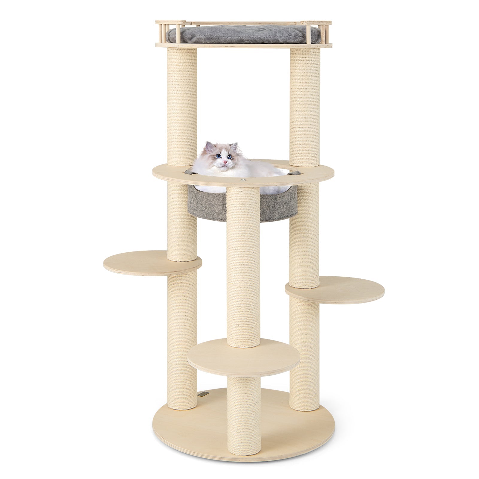 5-level Wooden Cat Tree with Padded Perch Non-woven Hammock-Gray Default Title