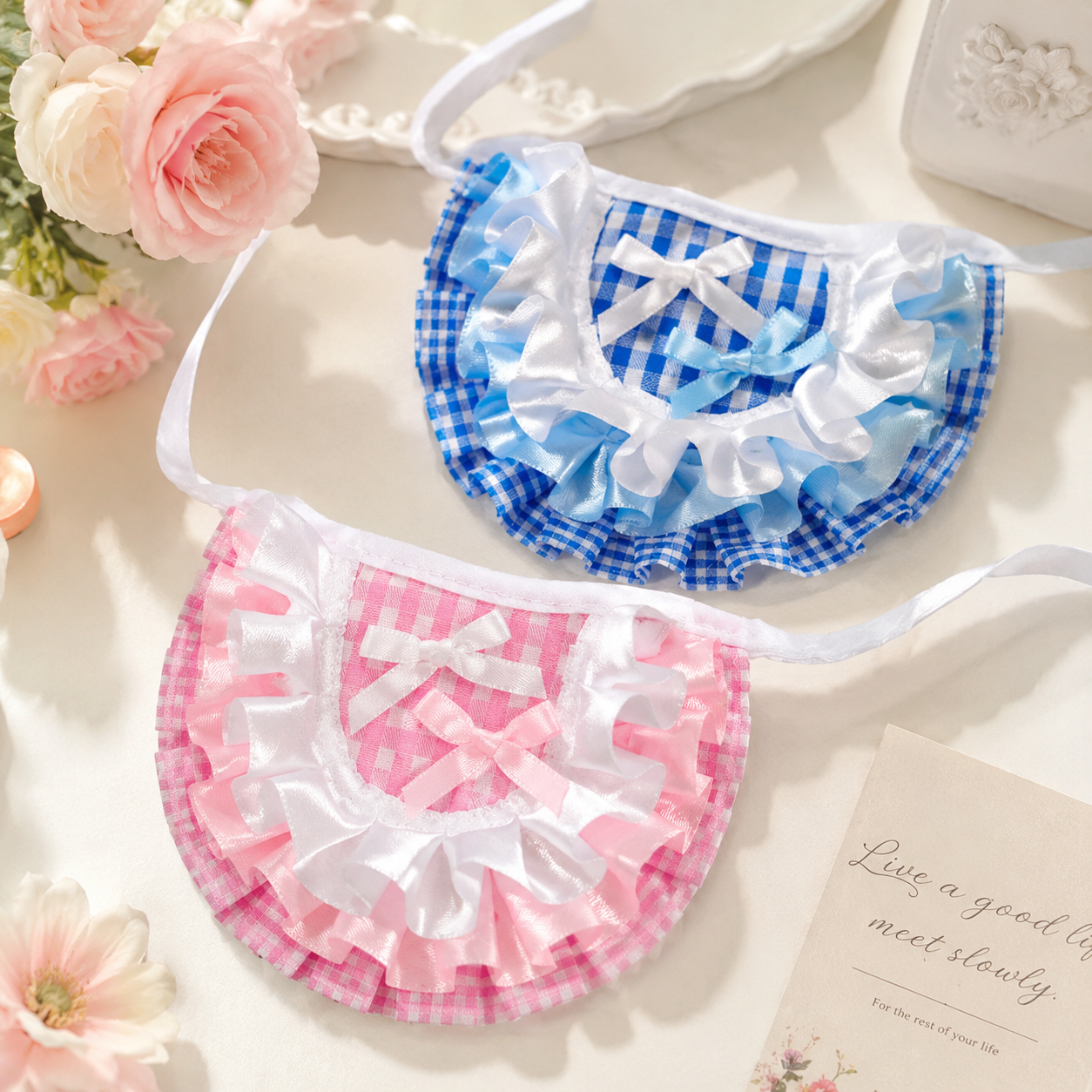 Gingham Pet Bib with Ruffles & Satin Bows