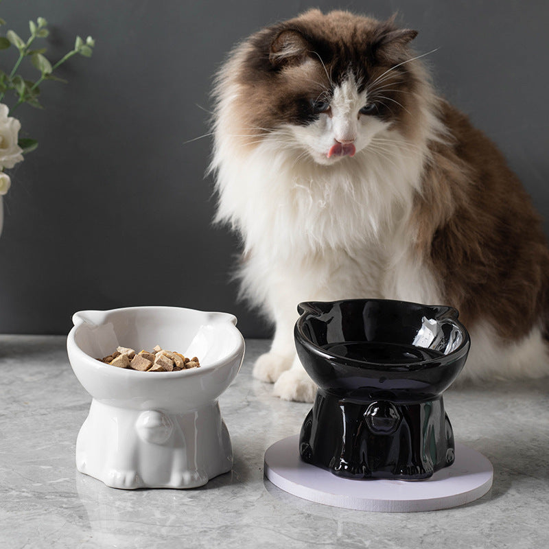 Ceramic Cute Black Drinking High Foot Cat Bowl Pet Supplies Black And White