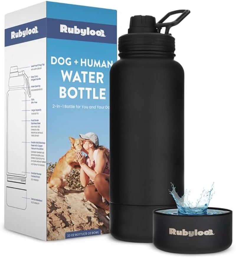 Dog Mom Water Bottle 32oz Insulated Stainless Steel with Dog Bowl Travel Solid Black