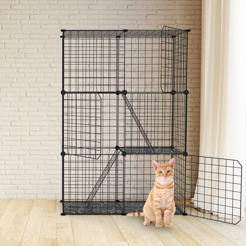 3 Tier Cat Playpen Cage Metal Indoor Cat House Detachable Kitten House with 3 Doors 2 Ladders Large Cat Exercise Place for 1-2 Cats Black