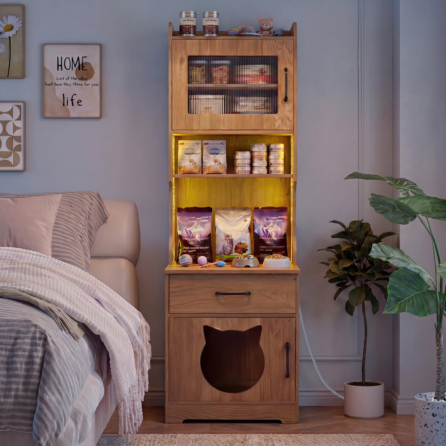 Cat Litter Box Enclosure with LED Light & Charging Station