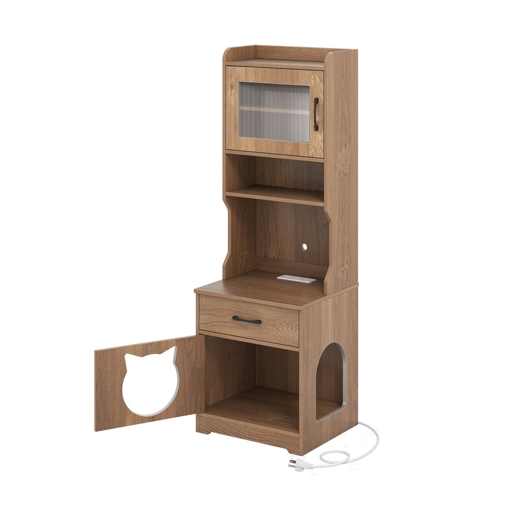Cat Litter Box Enclosure with LED Light & Charging Station