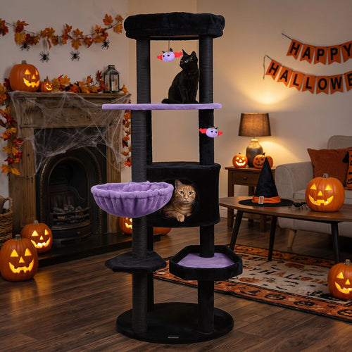 60" Gothic Cat Tower with Plush Perch and Hanging Toys
