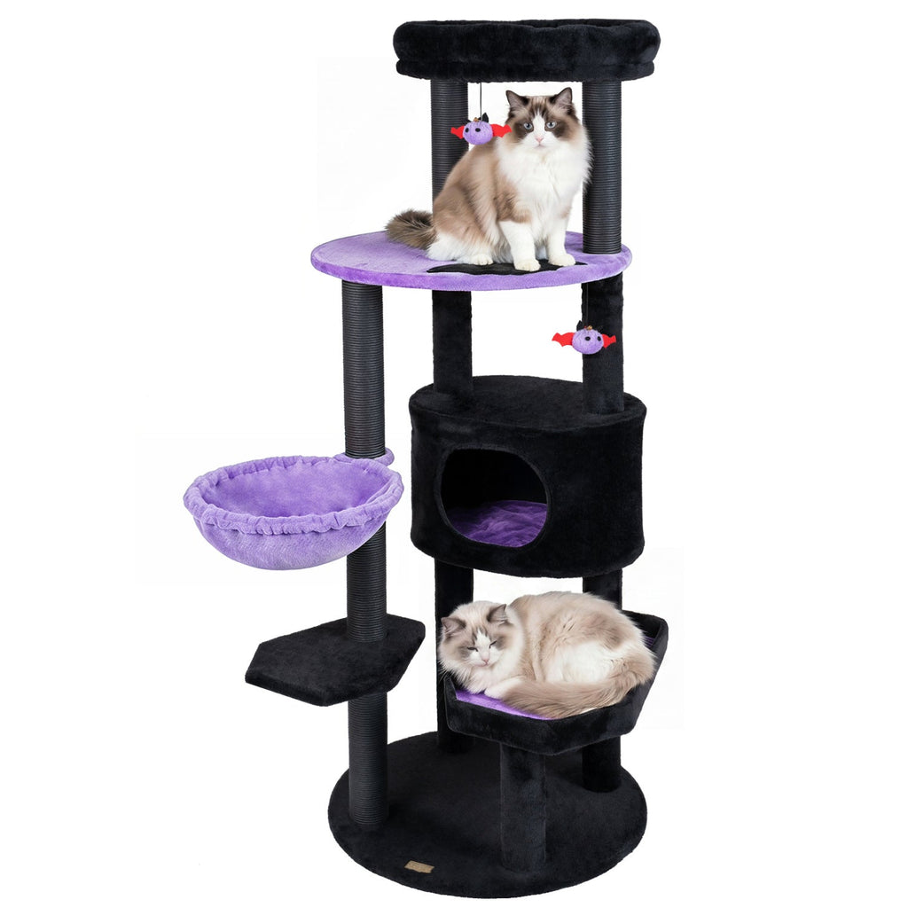 60" Gothic Cat Tower with Plush Perch and Hanging Toys