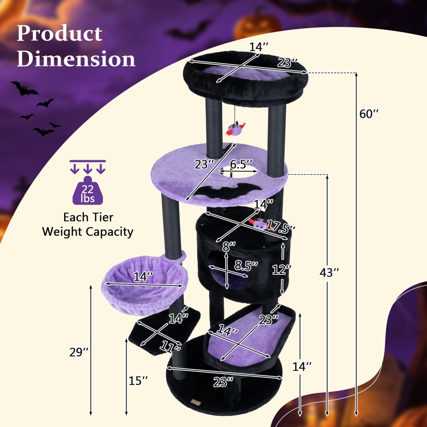 60" Gothic Cat Tower with Plush Perch and Hanging Toys