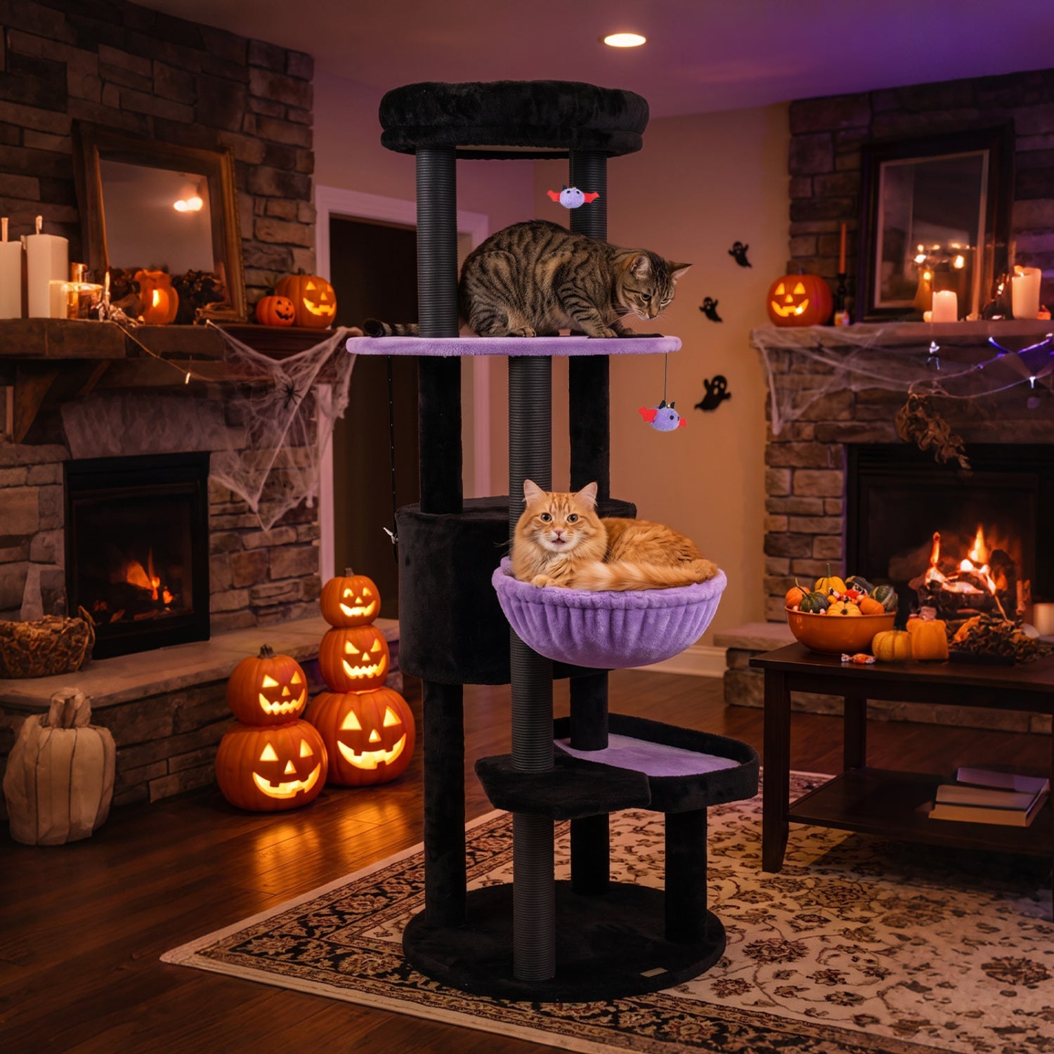 60" Gothic Cat Tower with Plush Perch and Hanging Toys