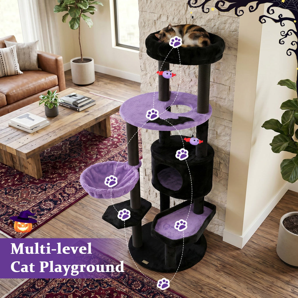 60" Gothic Cat Tower with Plush Perch and Hanging Toys