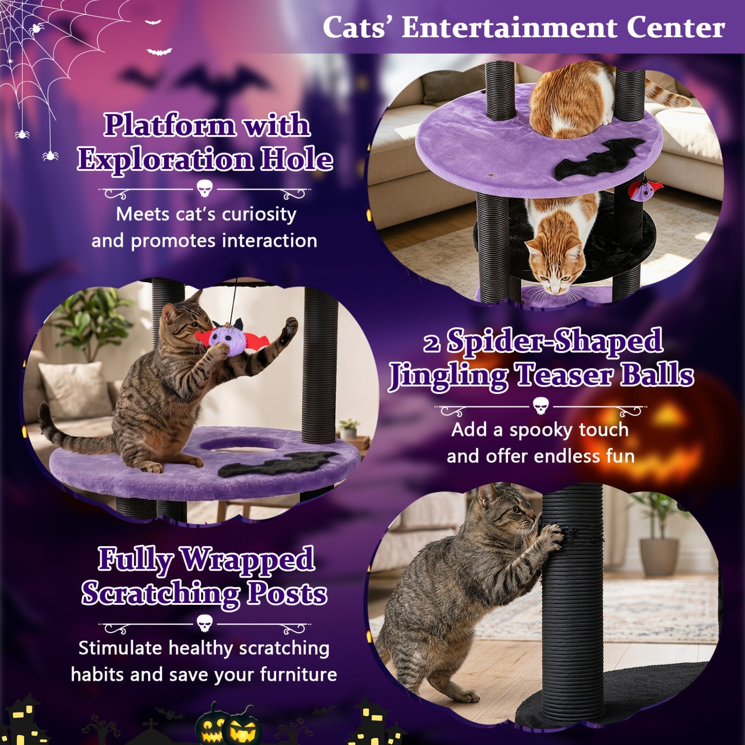 60" Gothic Cat Tower with Plush Perch and Hanging Toys