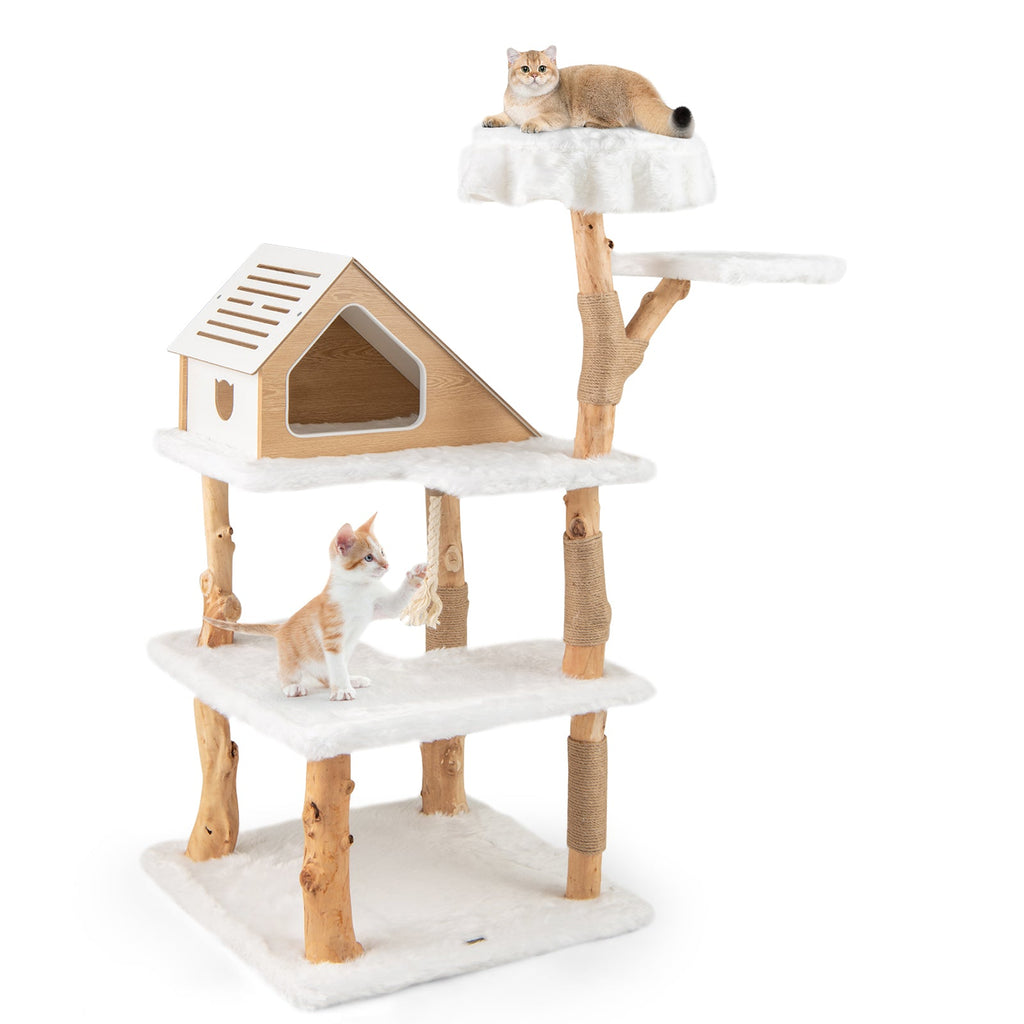 60 Inch Tall Solid Wood Cat Tree Modern Wooden Cat Tower with 2 Perches-White Default Title