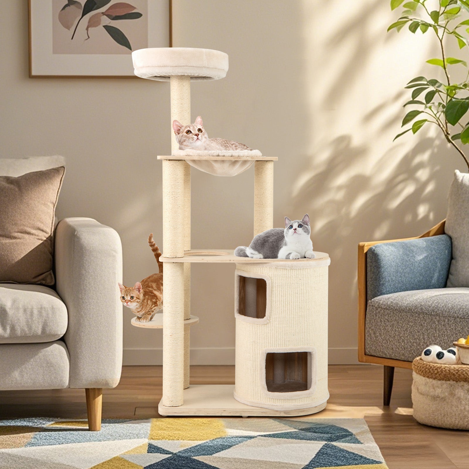 60 Inches Tall Cat Tree with 2-Story Condo and Sisal Scratching Posts-Natural
