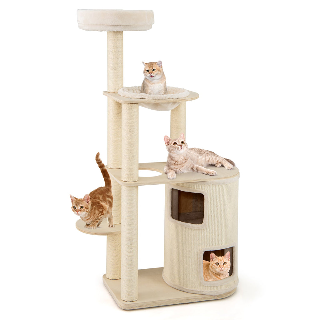 60 Inches Tall Cat Tree with 2-Story Condo and Sisal Scratching Posts-Natural Default Title