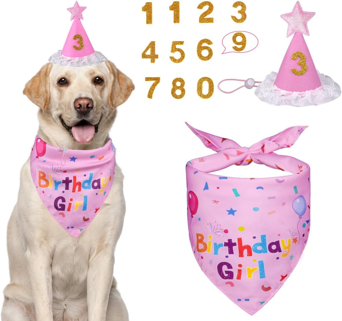 Dog Birthday Party Supplies – Premium Bandana & Hat Set for Dogs Pink Medium Large XL Large