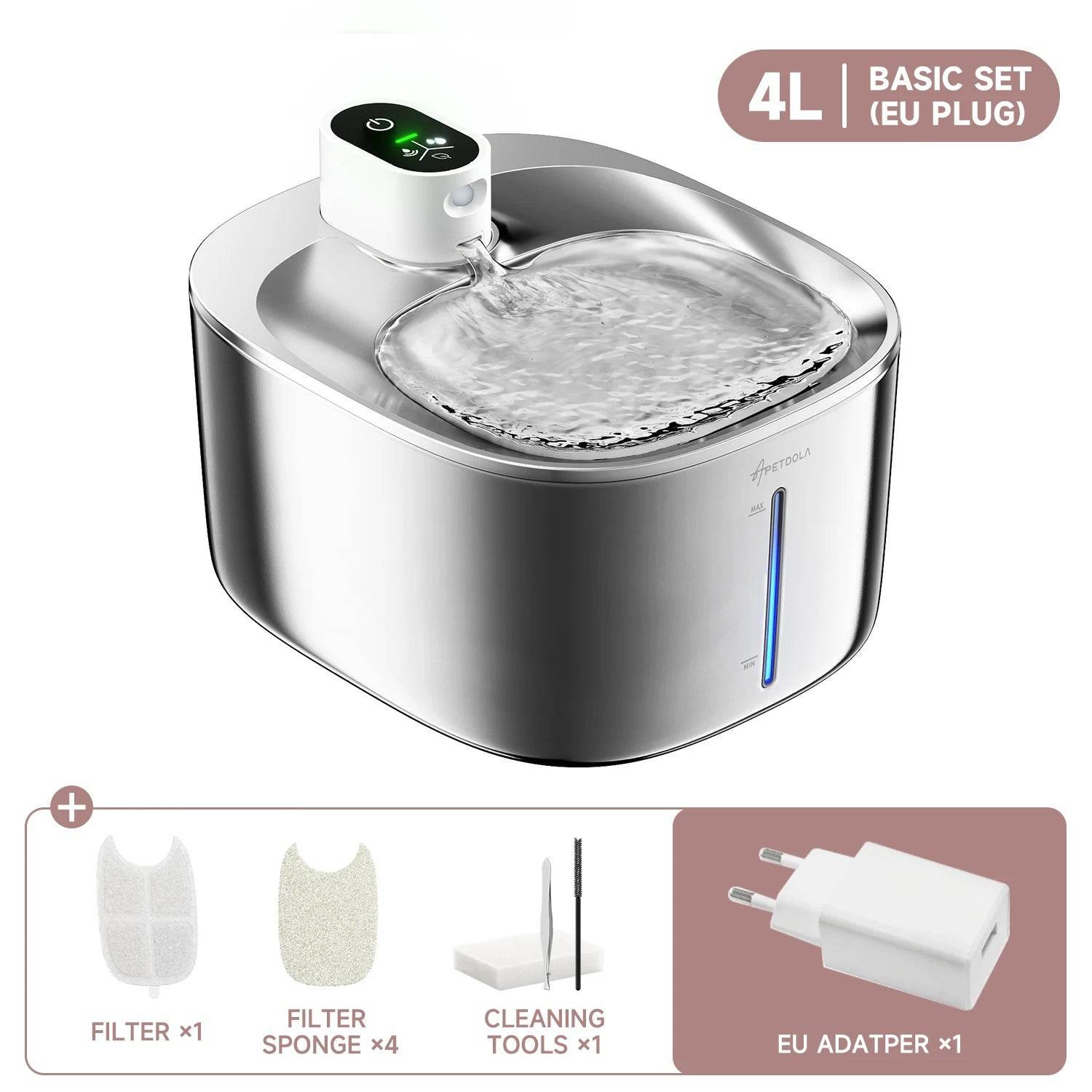 4L Wireless Cat Water Fountain - Auto Sensor Pet Drinking Fountain with Battery | Stainless Steel Cordless Water Dispenser for Dogs & Cats Eu Plug (496_200008946) 4L (496_200008946)