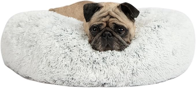 Best Pet Supplies Round Donut Dog Bed with Plush Faux Fur Fabric, Calming, Anti-Anxiety Cushion for Indoor Pets, Slip-Resistant Base, Soft Ergonomic Support - Light Warm Gray, 27x27x7.5''
