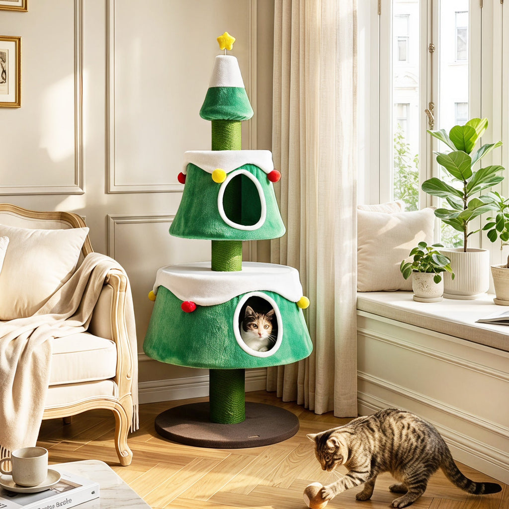 61.5" Christmas Tree Cat Tower with 2 Condos & Scratching Posts Default Title