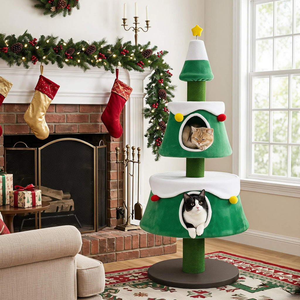 61.5" Christmas Tree Cat Tower with 2 Condos & Scratching Posts
