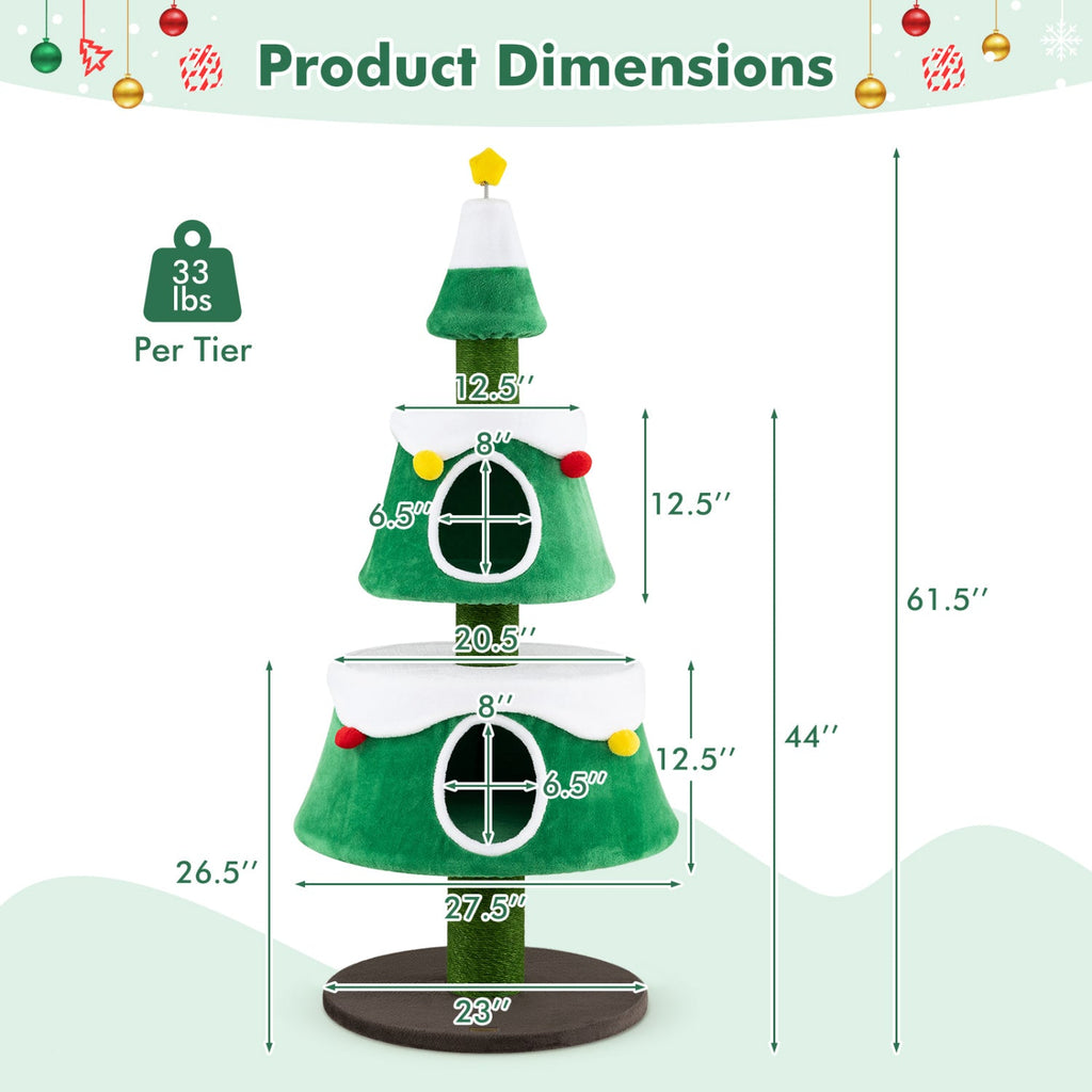 61.5" Christmas Tree Cat Tower with 2 Condos & Scratching Posts