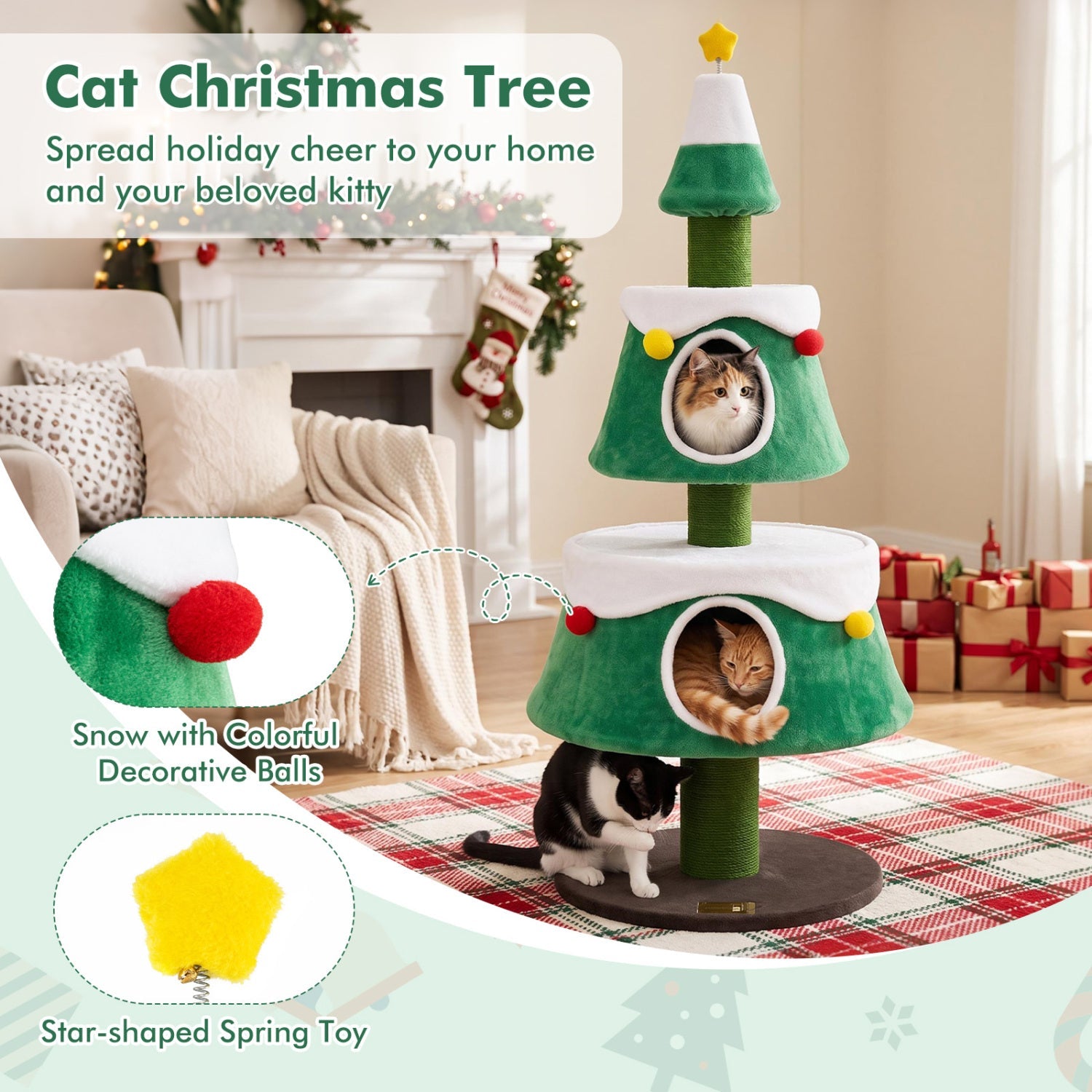 61.5" Christmas Tree Cat Tower with 2 Condos & Scratching Posts