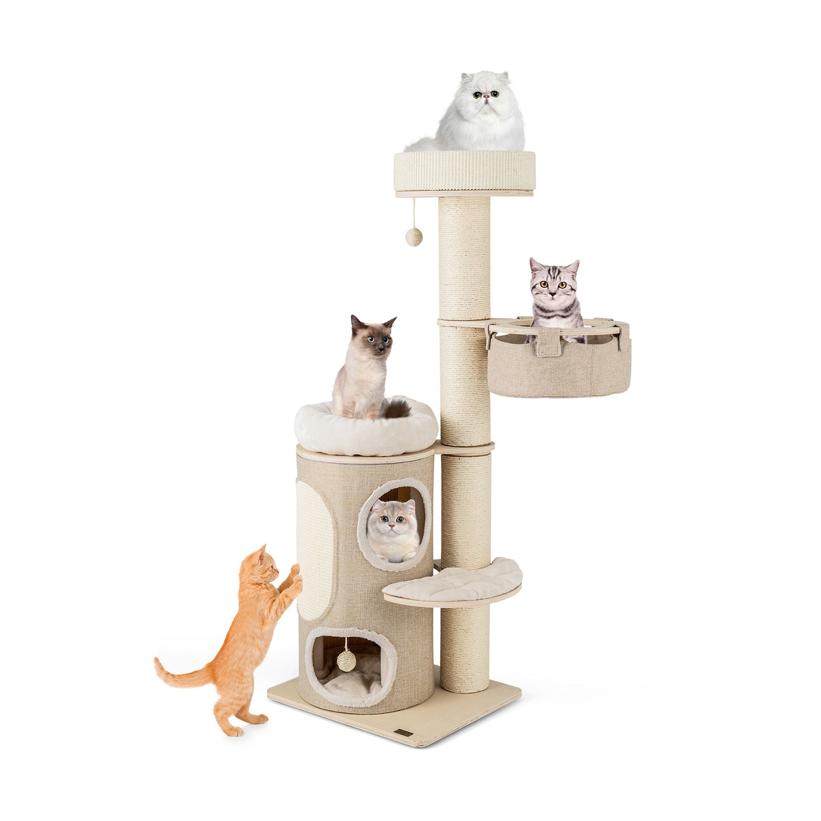 61 Inches Cat Tree for Indoor Cats with 2-stoery Condo and Top Perch-Natural Default Title