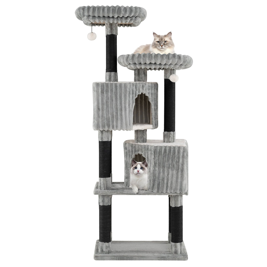 62 Inch Tall Cat Tower with Scratching Posts and Soft Flannel Covering-Light Gray Default Title