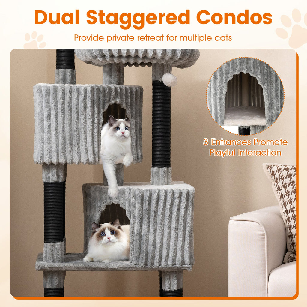 62 Inch Tall Cat Tower with Scratching Posts and Soft Flannel Covering-Light Gray