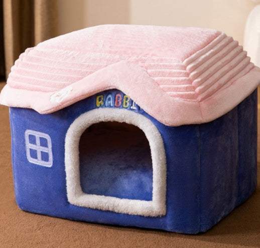 Foldable Dog House Pet Cat Bed Winter Dog Villa Sleep Kennel Removable Nest Warm Enclosed Cave Sofa Pets Supplies Blue Rabbit