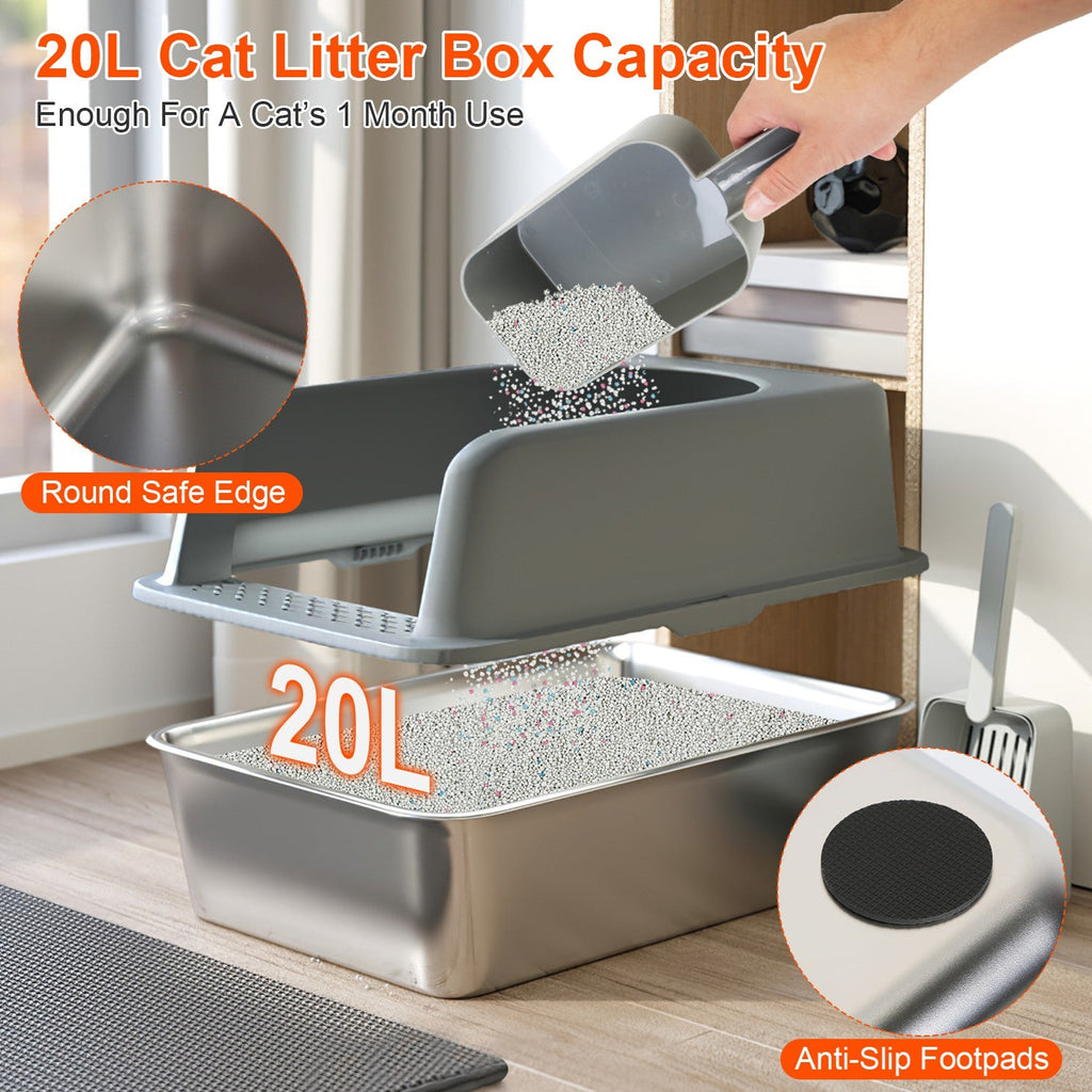 Enclosed Stainless Steel Cat Litter Box with Lid - 20L