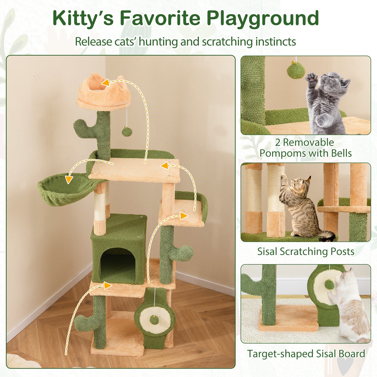 63 Inch Cactus Cat Tree with Sisal Scratching Posts and Board for Indoor Cats