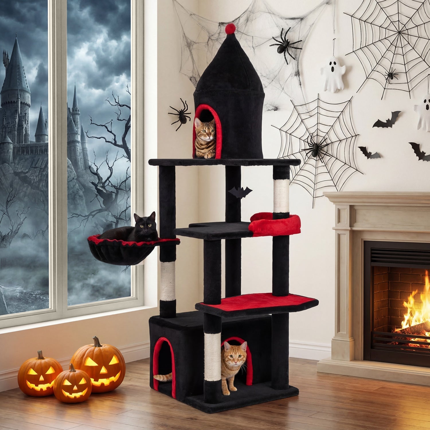 63 Inch Gothic Cat Tree with Condo and Top Cave for Large Cats 20+ LBS