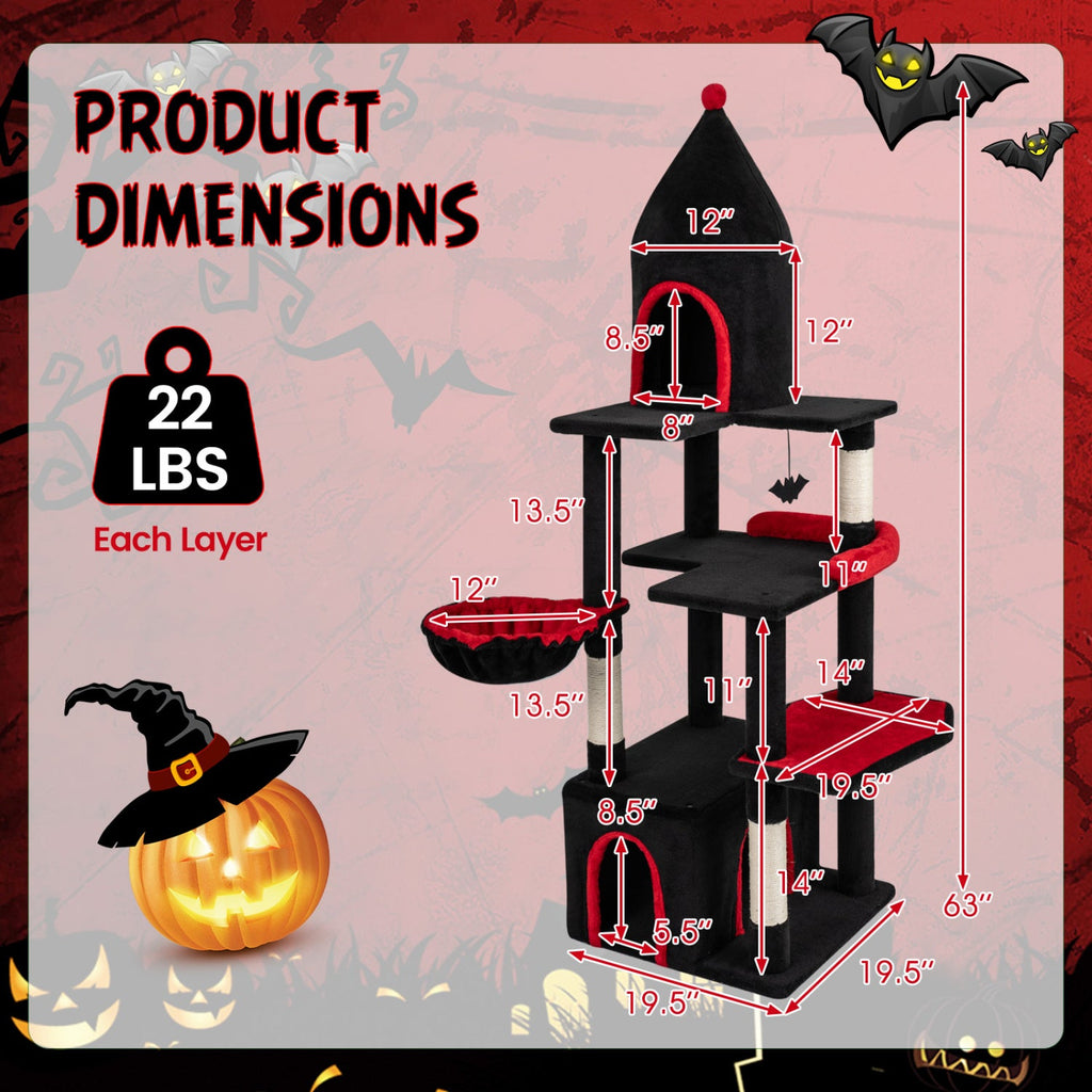 63 Inch Gothic Cat Tree with Condo and Top Cave for Large Cats 20+ LBS