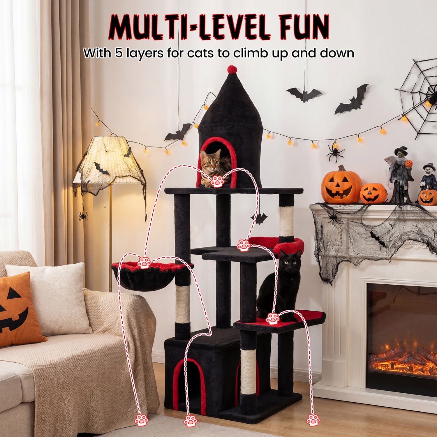 63 Inch Gothic Cat Tree with Condo and Top Cave for Large Cats 20+ LBS
