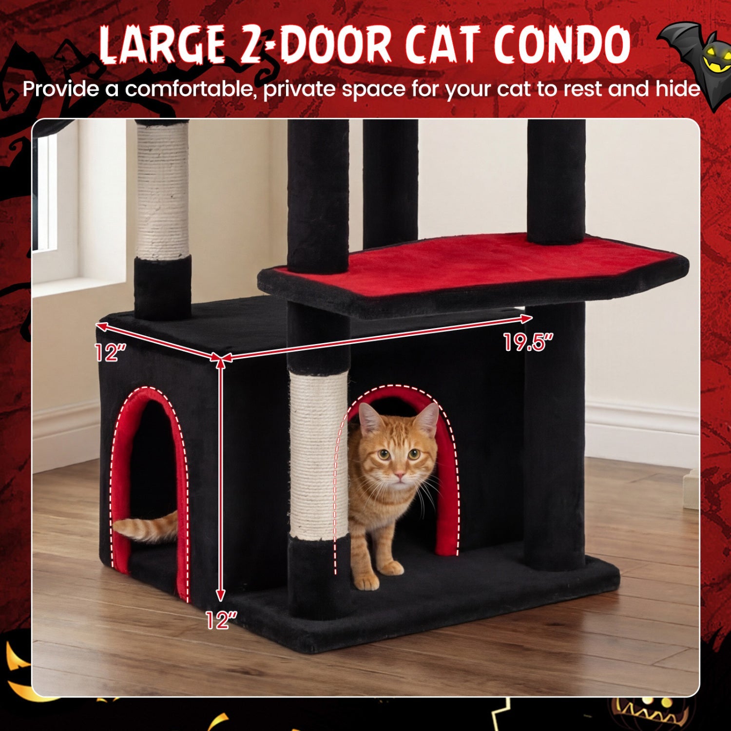 63 Inch Gothic Cat Tree with Condo and Top Cave for Large Cats 20+ LBS