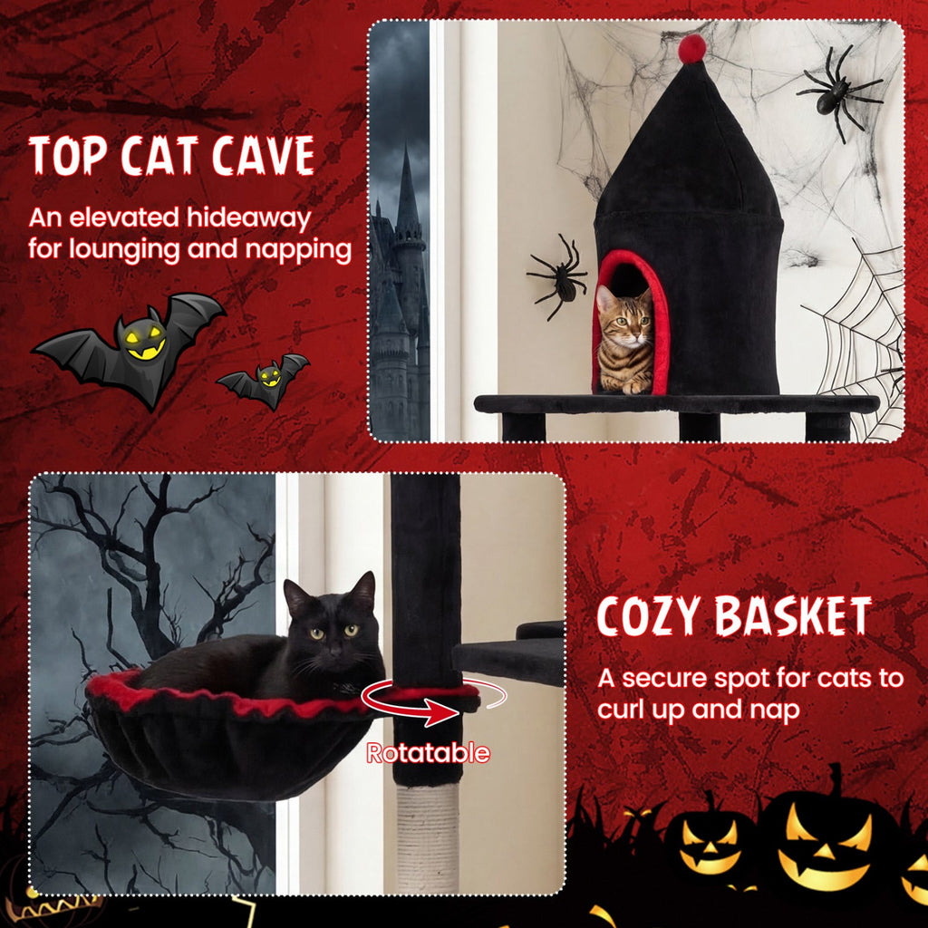 63 Inch Gothic Cat Tree with Condo and Top Cave for Large Cats 20+ LBS