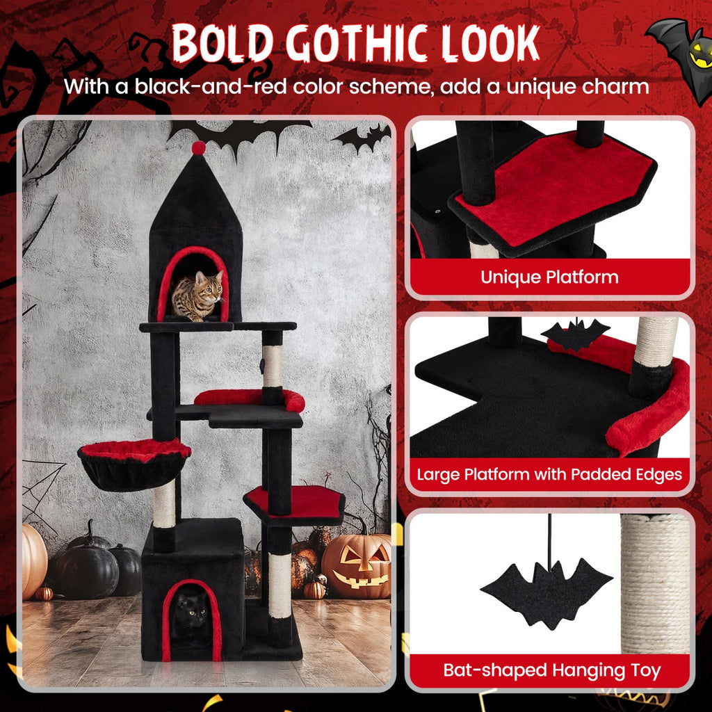 63 Inch Gothic Cat Tree with Condo and Top Cave for Large Cats 20+ LBS