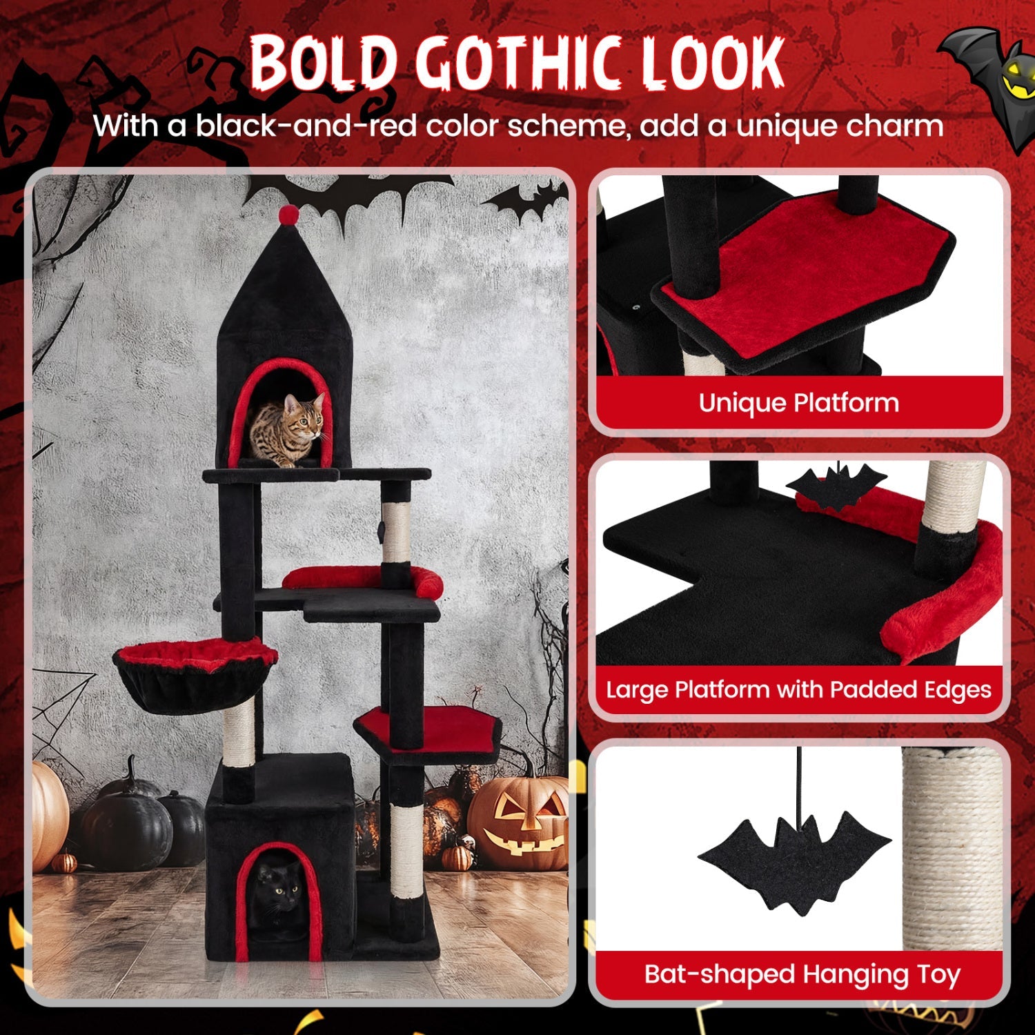 63 Inch Gothic Cat Tree with Condo and Top Cave for Large Cats 20+ LBS