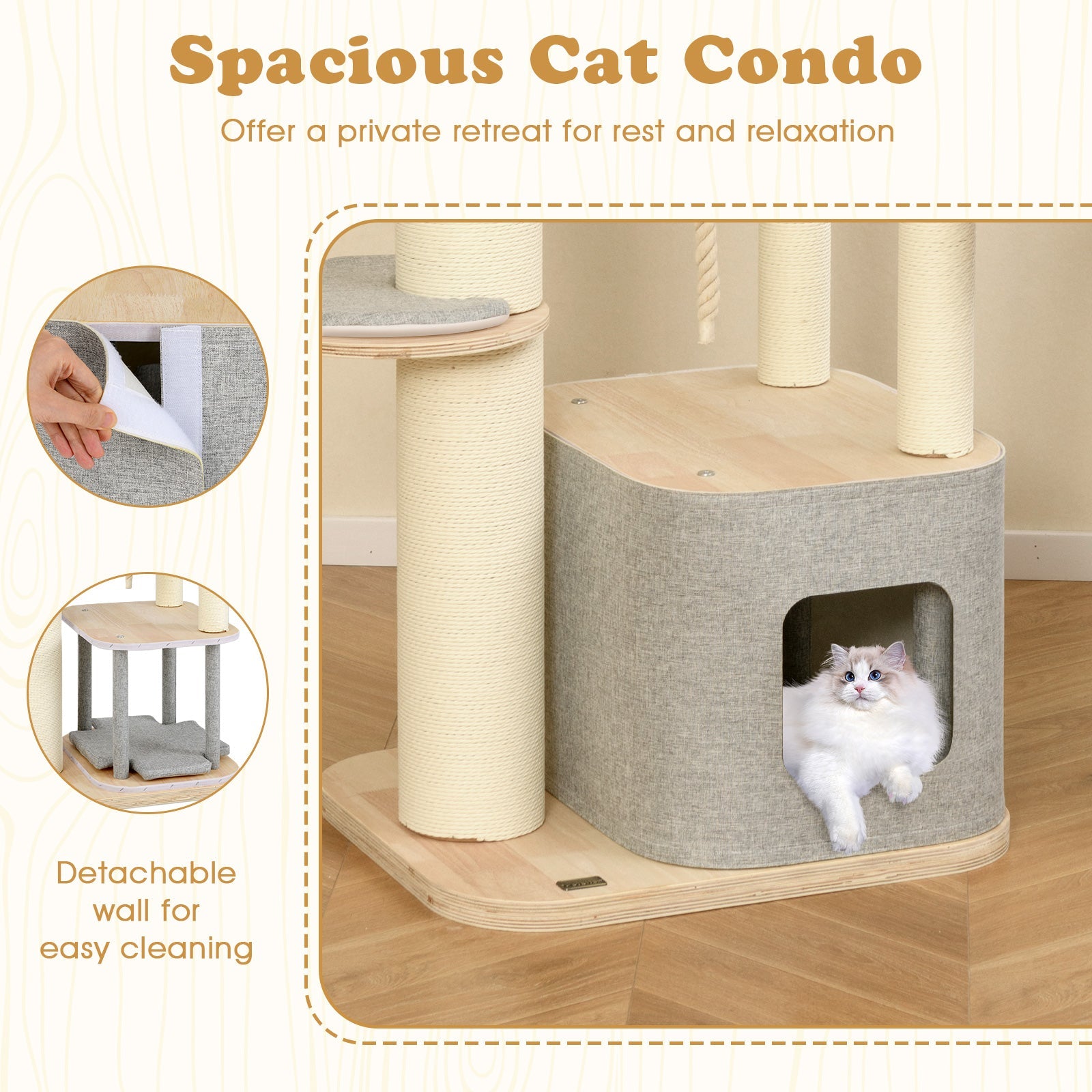 63 Inch Tall Cat Tree Modern Wooden Cat Tower with Perch Condo Hammock-Gray