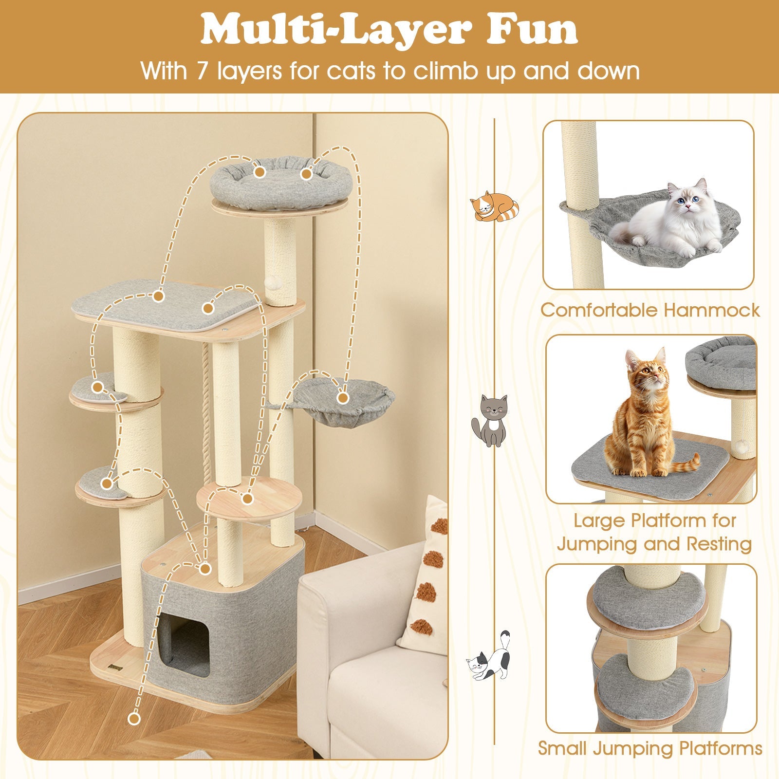 63 Inch Tall Cat Tree Modern Wooden Cat Tower with Perch Condo Hammock-Gray