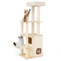 63 Inch Tall Wooden Cat Tree with 2-Story Condo and Plush Padded Top Perch-Natural Default Title