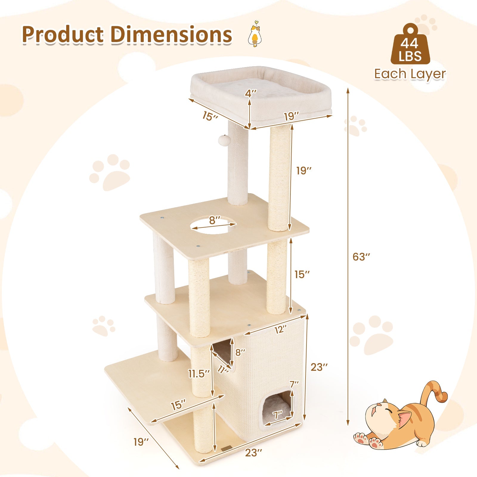 63 Inch Tall Wooden Cat Tree with 2-Story Condo and Plush Padded Top Perch-Natural