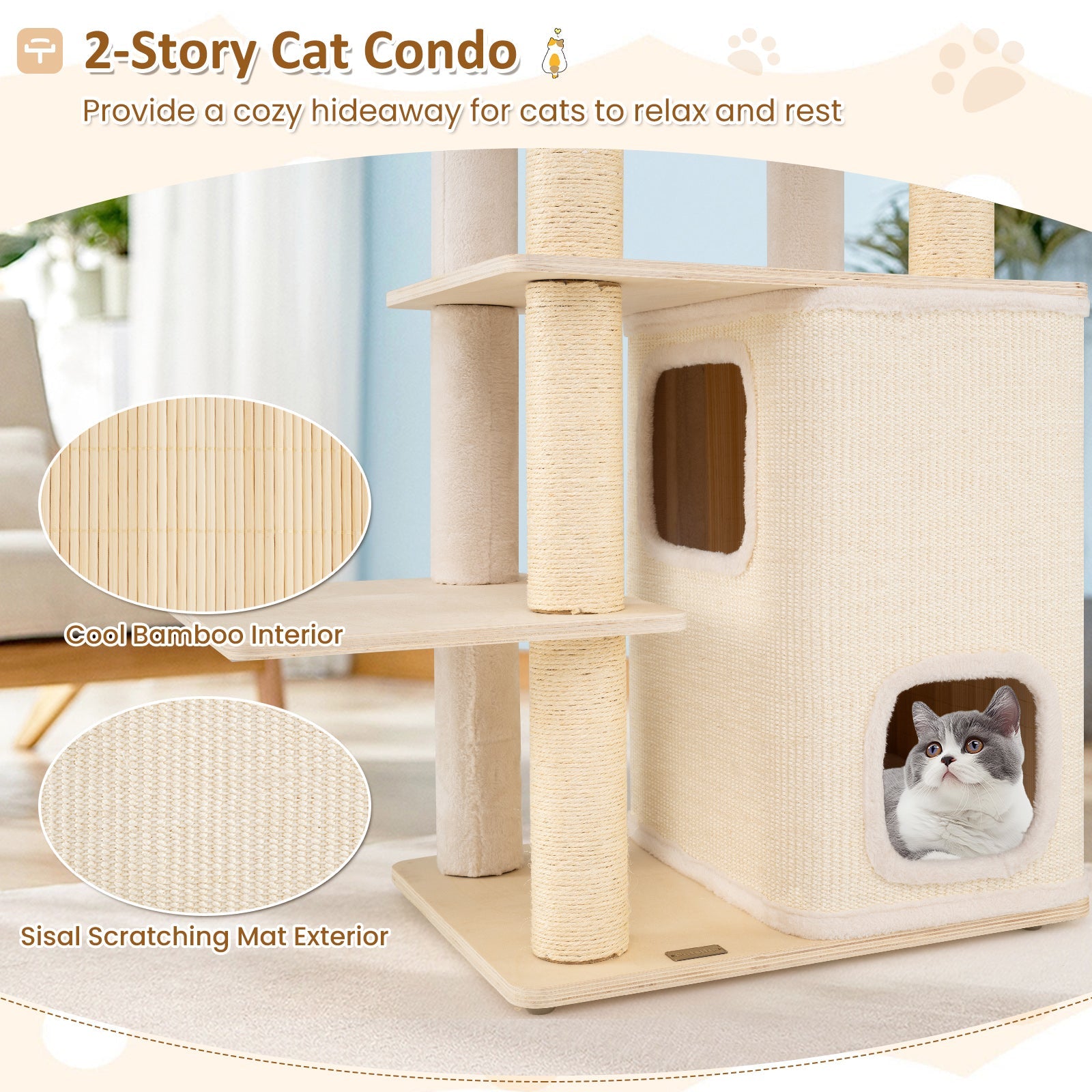 63 Inch Tall Wooden Cat Tree with 2-Story Condo and Plush Padded Top Perch-Natural