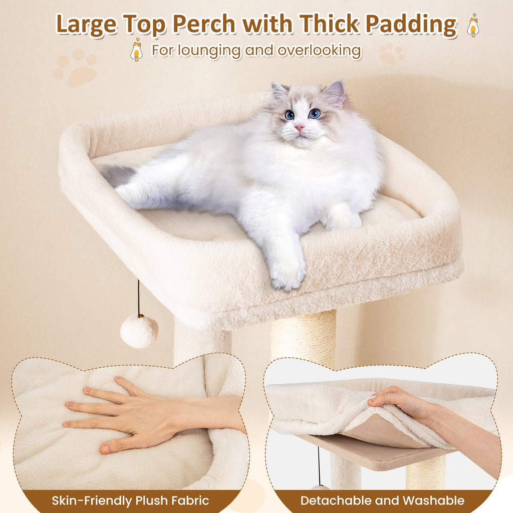 63 Inch Tall Wooden Cat Tree with 2-Story Condo and Plush Padded Top Perch-Natural