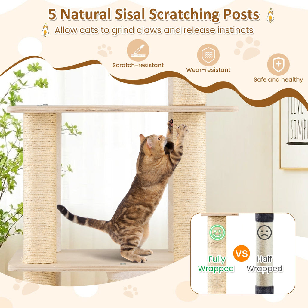 63 Inch Tall Wooden Cat Tree with 2-Story Condo and Plush Padded Top Perch-Natural