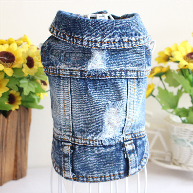 Pet Dog Cat Blue Denim Jeans Jacket Coat Vest 2 hole
