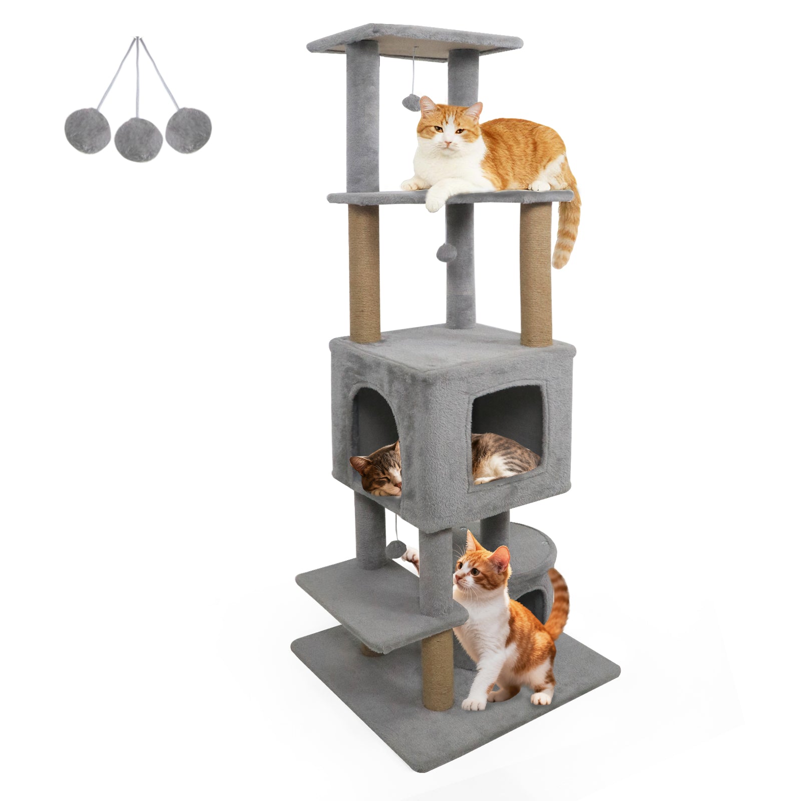 64 Inch Tall Cat Tree with 2 Large Condos and Jute Scratching Posts for Indoor Adult Cats Light Gray