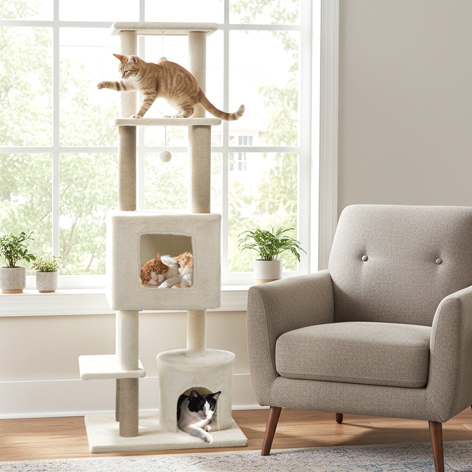 64 Inch Tall Cat Tree with 2 Large Condos and Jute Scratching Posts for Indoor Adult Cats