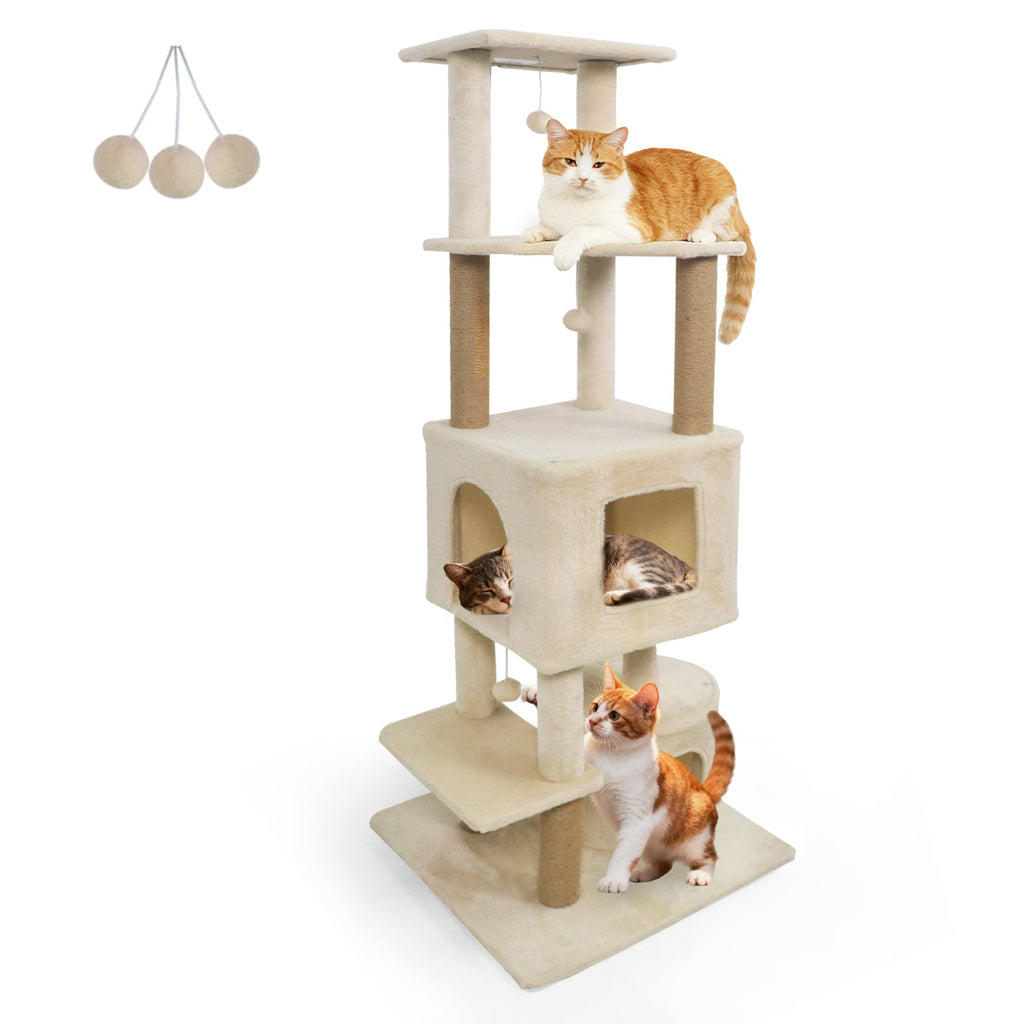 64 Inch Tall Cat Tree with 2 Large Condos and Jute Scratching Posts for Indoor Adult Cats Beige
