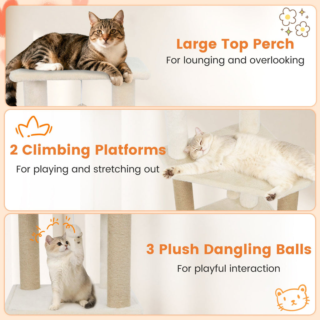 64 Inch Tall Cat Tree with 2 Large Condos and Jute Scratching Posts for Indoor Adult Cats
