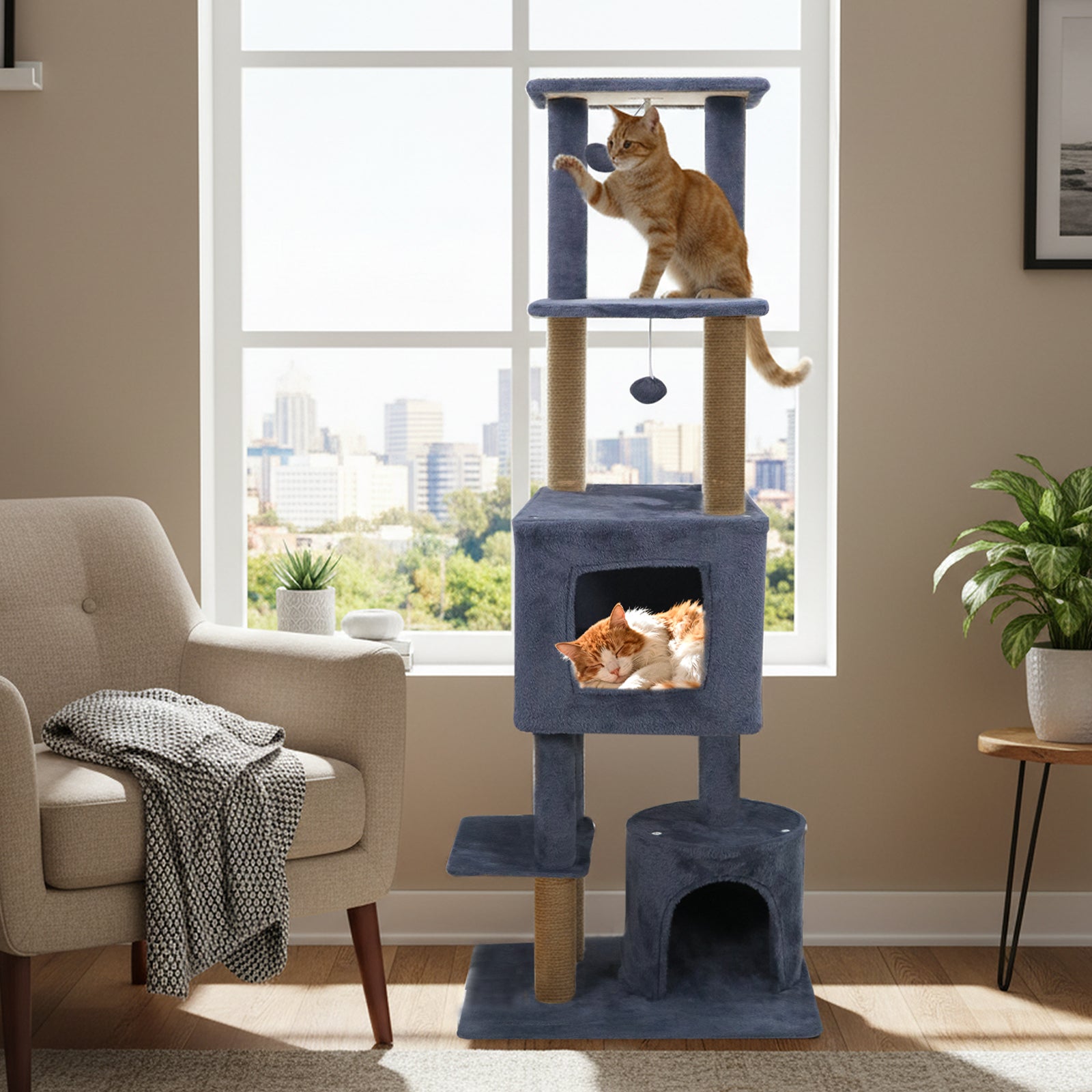 64 Inch Tall Cat Tree with 2 Large Condos and Jute Scratching Posts for Indoor Adult Cats