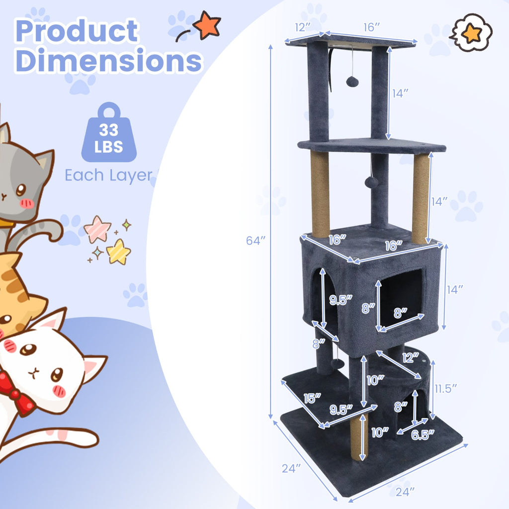 64 Inch Tall Cat Tree with 2 Large Condos and Jute Scratching Posts for Indoor Adult Cats